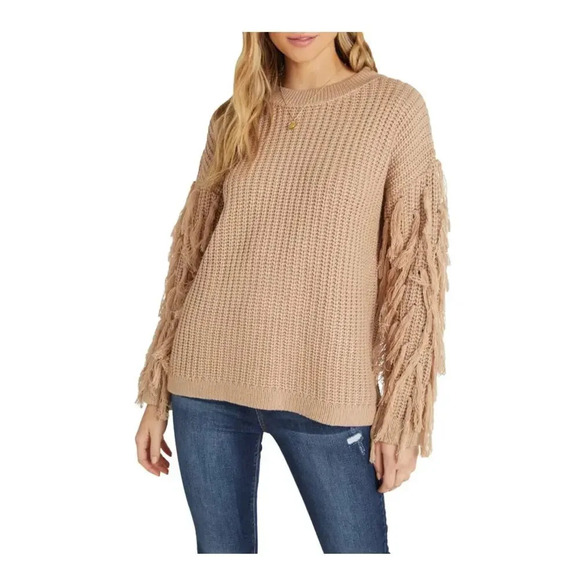 Vici Fringe Sleeve Sweater Size XS Taupe Beige Neutral Crewneck Oversized - Picture 1 of 8